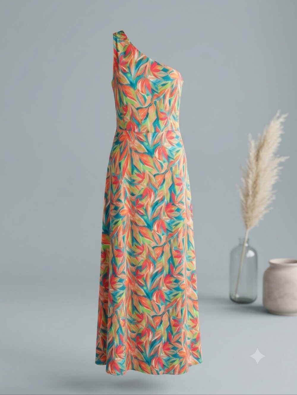 Nicole Miller One-Shoulder Maxi Dress in Coral, Teal & Green Leaf Print